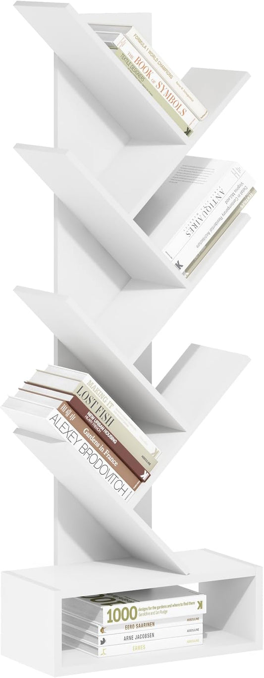 Furinno Tree Book Shelf, 7-Tier Bookshelf, Tree Bookcase with Bottom Shelf, 8.4 x 16.9 x 46.2, for Living Room, Bedroom, Home Office, White