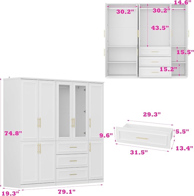 Timechee Almirah for Clothes, White Large Wardrobe Closet System, Bedroom Storage Cabinets with Tempered Glass Doors and Shelves,Hanging Rods, Standing Armoire Wardrobe Closet with Drawers for Bedroom