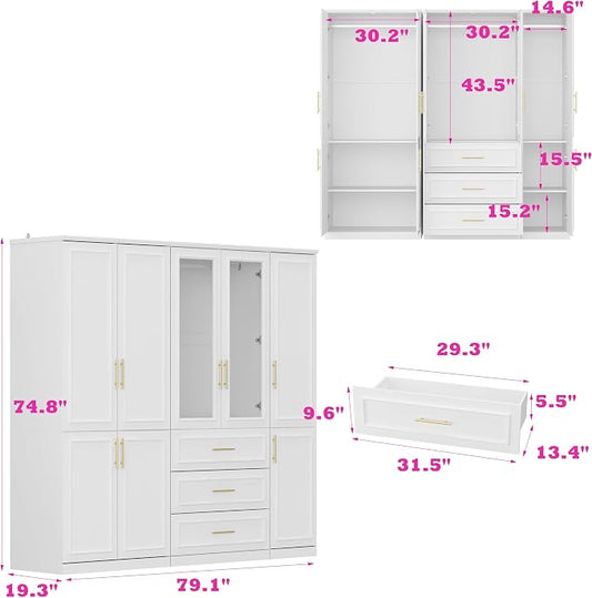 Timechee Almirah for Clothes, White Large Wardrobe Closet System, Bedroom Storage Cabinets with Tempered Glass Doors and Shelves,Hanging Rods, Standing Armoire Wardrobe Closet with Drawers for Bedroom