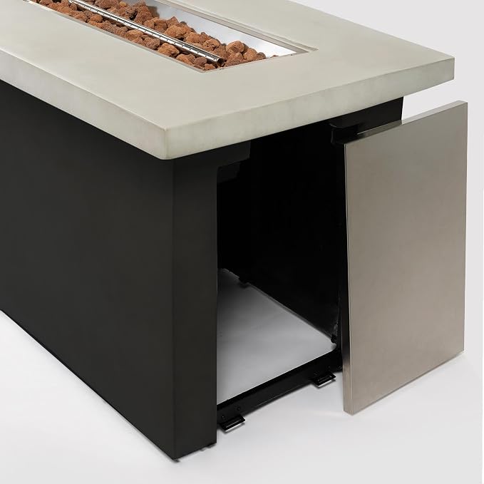 60" Outdoor Propane Fire Pit Table, Rectangular Concrete Gas Fire Pit with 60,000 BTU Heating, Hidden Tank Storage, Electronic Ignition, Lava Rocks & Cover for Patio Backyard Deck Garden, Light Grey