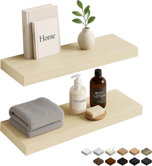 White Oak Floating Shelves for Wall, 24 in Wall Mounted Shelves Perfect for Bedroom, Bathroom, Living Room and Kitchen Decoration Storage（Set of 2）