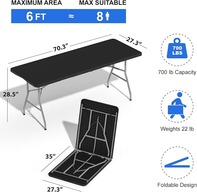 4 Pack Folding Stools with Foldable Table 6ft, Heavy Duty Dining Table and Chairs with Lock Function & Carrying Handle, Portable Indoor/Outdoor Furniture Set for Camping, Picnic, Party Black