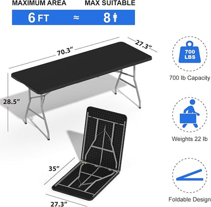 4 Pack Folding Stools with Foldable Table 6ft, Heavy Duty Dining Table and Chairs with Lock Function & Carrying Handle, Portable Indoor/Outdoor Furniture Set for Camping, Picnic, Party Black