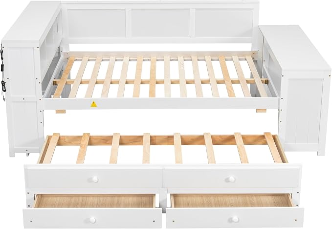 Bellemave Full Corner Bed Frame, Full Size Captain beds with Storage Cabinets and Desk, Wood Daybed with Bookcase Trundle and Drawers, White