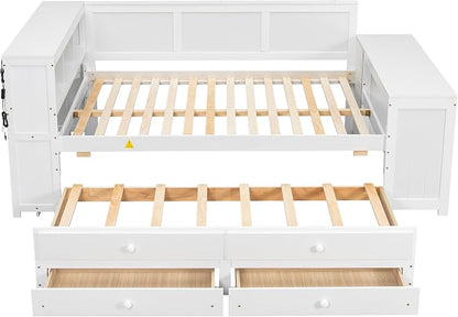 Bellemave Full Corner Bed Frame, Full Size Captain beds with Storage Cabinets and Desk, Wood Daybed with Bookcase Trundle and Drawers, White