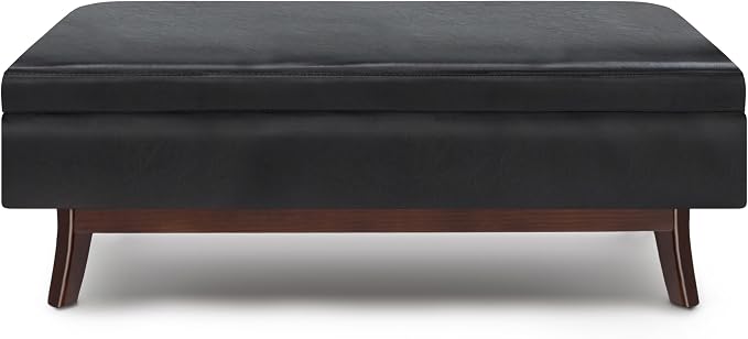 SIMPLIHOME Owen Rectangular Storage Ottoman - 48 inch Wide Upholstered Vegan Leather Lift-Top Ottoman in Midnight Black, Mid-Century Modern Ottoman for Living Room with Tufted Detail