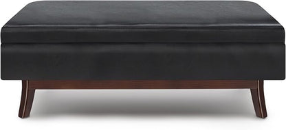 SIMPLIHOME Owen Rectangular Storage Ottoman - 48 inch Wide Upholstered Vegan Leather Lift-Top Ottoman in Midnight Black, Mid-Century Modern Ottoman for Living Room with Tufted Detail