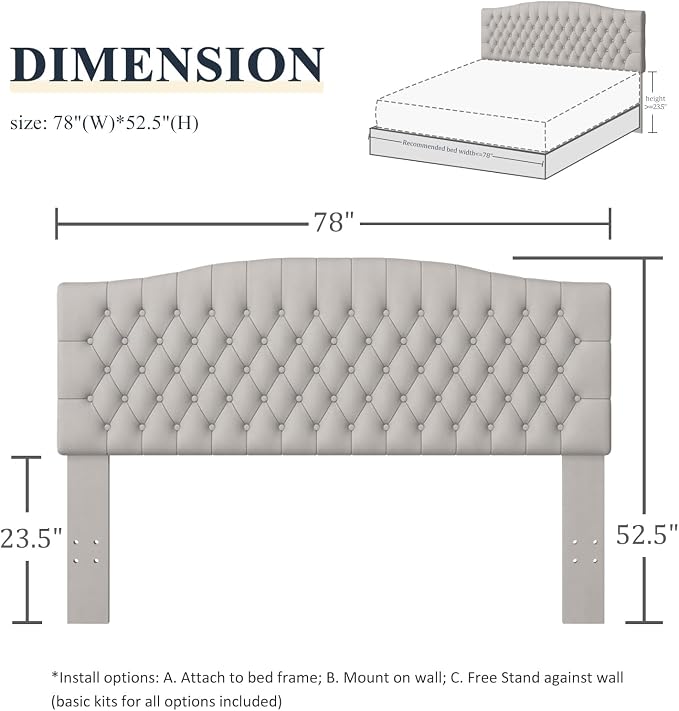 Furpopup Velvet King Size Headboard Only, Upholstered Wall Mount Light Gray | 2 ways to use:Wall-mounted (for adjustable bed) and bed frame mounted, Easy to assemble, Classic button design headboard