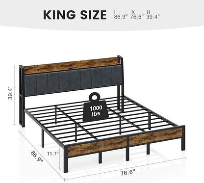 Liians King Size Bed Frame with Charging Station, Storage Headboard Smart LED Lights, Metal Platform Bed Frame with USB Ports, Noise Free, No Box Spring Needed, Easy Assembly