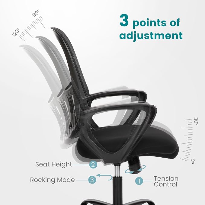 DUMOS Home Office Desk Chair - Ergonomic Mid Back with Lumbar Support & Rocking Mode, Height Adjustable with Fixed Armrest, for Conference, Computer, Meeting Room, 360° Swivel, Adults, Adults, Black