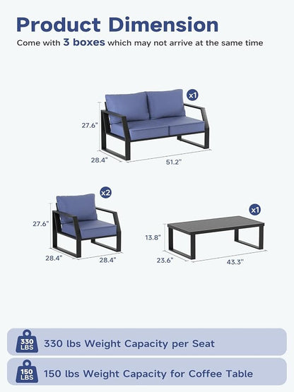 Oversized Modern Outdoor Patio Furniture Set with 5" Thick Cushions, Deep Seats & Wide Armrests, Comfortable Aluminum All-Weather Rustproof UV-Resistant Frame, 4-Seater for Garden, Backyard, Poolside