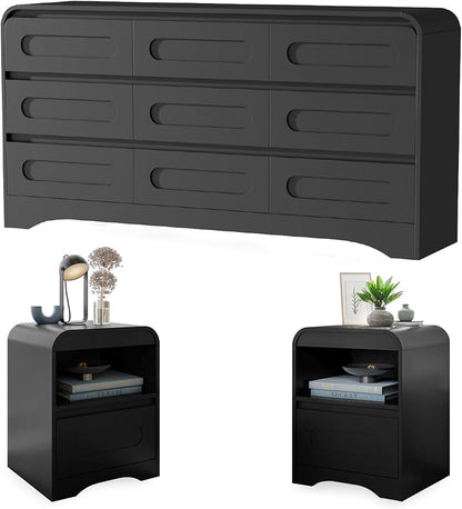 9 Drawer Dresser and Nightstand Sets for Bedroom, 3 Piece Bedroom Set | Wood 9 Drawer Dresser & Night Stand Set of 2, Large Chest of Drawers Modern Storage Cabinet Bedroom Furniture Set, Black