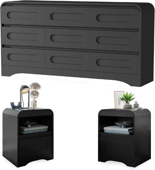9 Drawer Dresser and Nightstand Sets for Bedroom, 3 Piece Bedroom Set | Wood 9 Drawer Dresser & Night Stand Set of 2, Large Chest of Drawers Modern Storage Cabinet Bedroom Furniture Set, Black