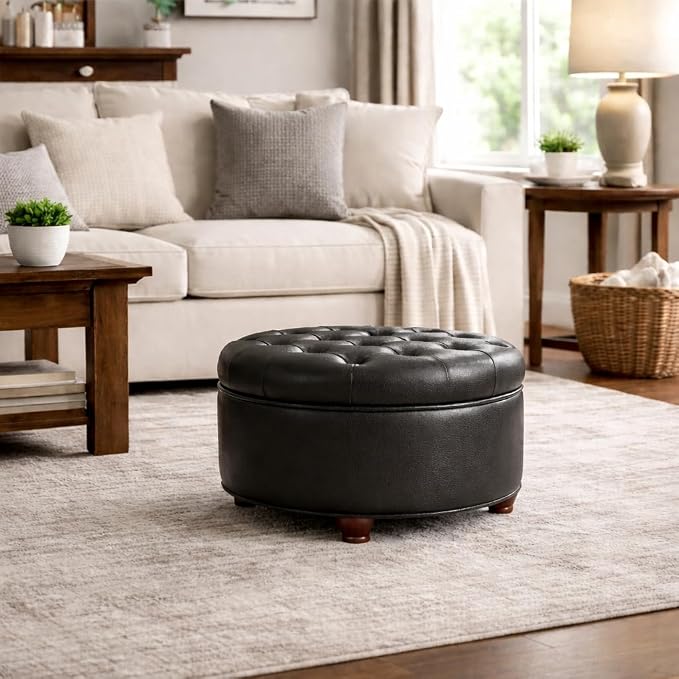HomePop 25" Button Tufted Round Storage Ottoman - Black Faux Leather