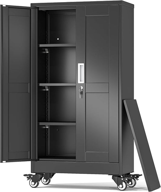 Metal Garage Storage Cabinet, 46”Tall Rolling Utility Cabinet Black | storage system with Wheels, Lock, 3 Adjustable Shelves, Heavy Duty Steel Tool Locker for Home Office, Utility Room, Gym