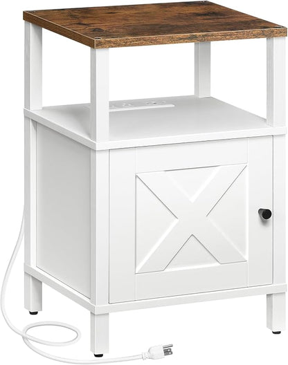 MAHANCRIS Farmhouse Nightstand with Charging Station, Barn Door End Table with USB Ports and Storage Cabinet, Bedside Table for Bedroom, Small Space, White and Rustic Brown ETRW96E01