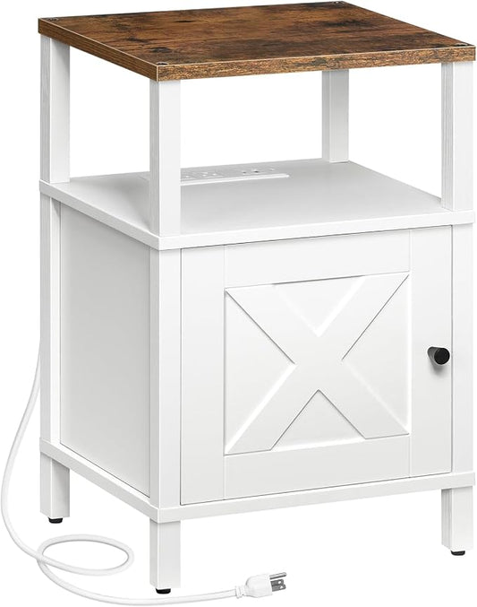 MAHANCRIS Farmhouse Nightstand with Charging Station, Barn Door End Table with USB Ports and Storage Cabinet, Bedside Table for Bedroom, Small Space, White and Rustic Brown ETRW96E01
