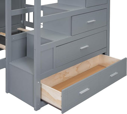 Ball & Cast Full Over Twin Bunk Bed with Safty Guardrail & Storage Stair,Wood Loft Bedframe W/Wardrobe & Drawers,Space-Saving Design,Easy Assembly,Versatile Furniture for Boys Girls Teen Bedroom,Gray