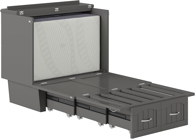 AFI, Nantucket Twin Murphy Bed Chest with Mattress, Storage Drawer and Built-In USB Charger, Grey