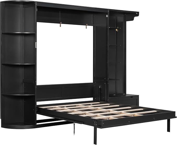 Murphy Bed Queen Size,Murphy Bed with Storage & Lights,Wall Bedframe w/Hidden Fold-Out Legs & Built-in Shelves & Cabinets，Hook,Space-Saving,Black