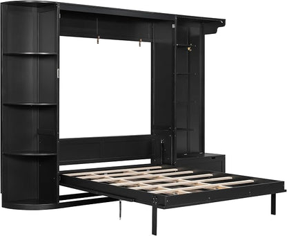 Murphy Bed Queen Size,Murphy Bed with Storage & Lights,Wall Bedframe w/Hidden Fold-Out Legs & Built-in Shelves & Cabinets，Hook,Space-Saving,Black