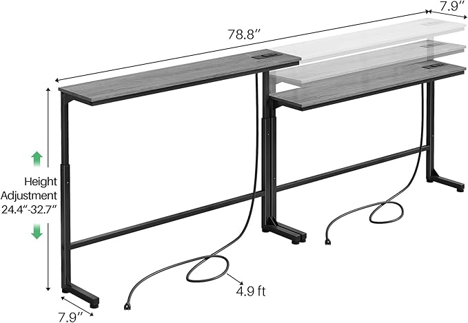Kitstorack Narrow Sofa Table with Charging Station, 78.8" Behind Couch Table, Adjustable 24.4"-32.7" Height, Modular 2-piece Design for sectionals, entryways, Apartments, and Narrow Living Spaces