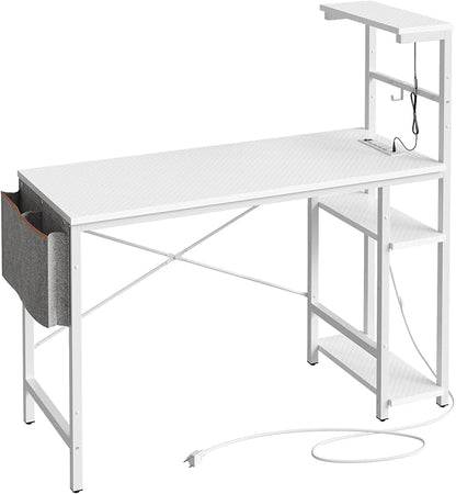 Bestier Gaming Desk with Power Outlets, 44 Inch Led Gamer Desk with 4 Tiers Reversible Shelves, PC Gaming Table with Headset Hook & Side Storage Bag for Bedroom (White 3D Carbon Fiber)