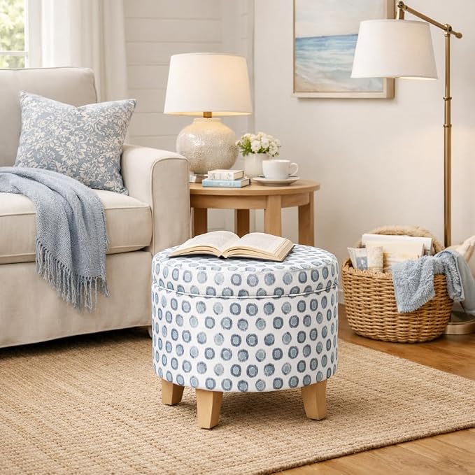 HomePop 19" Round Storage Ottoman - Green Medallion Ikat Print