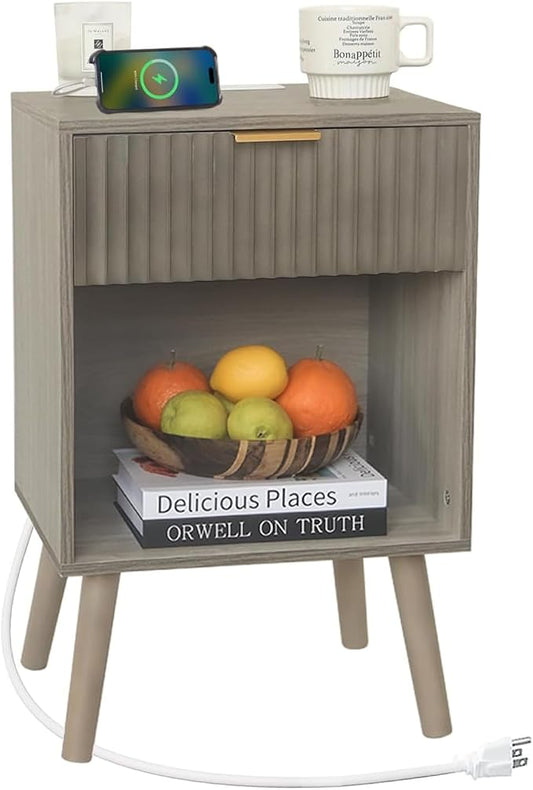 Fultyle Grey Wood Nightstand with Charging Station, Modern Bedside Table with Fluted Drawers and Storage Shelf, End Side Tables Living Room for Bedroom, Office (Grey)