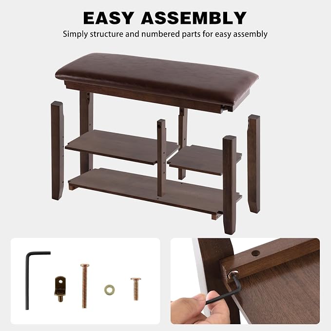 PY HOME & SPORTS Shoe Rack for Entryway 31.5": 2-Tier Shoe Storage Bench, Adjustable/Removable Shelves, Rubberwood Shoe Benches for Hallway, Porch, Bathroom, Brown