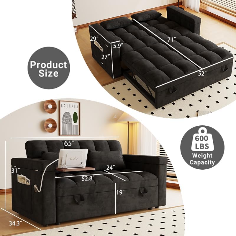 65'' Sleeper Sofa, 3-in-1 Convertible Sofa Bed for Apartments