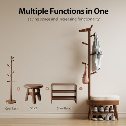 AQIMUELE Entryway Shoe Rack with Coat Rack, Wooden Shoe Bench with Upholstered Cushion, 3-in-1, 2-Tier Shoe Storage and Cute Animal Hooks for Entryway, Hallway, Closet (Walnut 24.4")