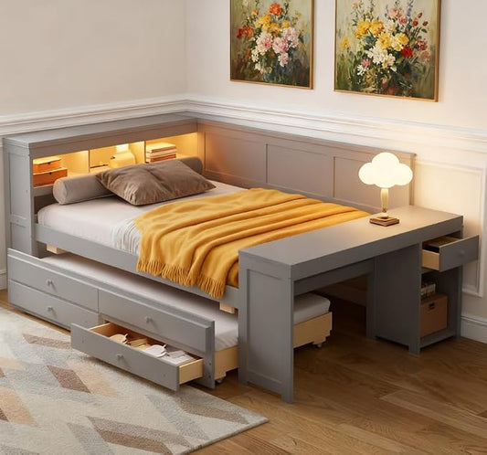 Bellemave Full Corner Bed Frame, Twin Size Captain beds with Storage Cabinets and Desk, Wood Daybed with Bookcase Trundle and Drawers, Gray