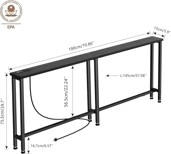 Keelian 70" Narrow Console Sofa Table with Power Outlets & 2 USB Ports, Metal Frame, Black, Perfect for Hallway, Office, and Behind Sofa - Easy Assembly, 4.9' Extension Cord Included