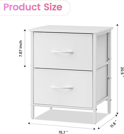 Stero Nightstand Set of 2, Kids Dresser with 2 Drawers, Steel Frame Bedside Furniture, Wood Top Fabric Night Stand, Colorful End Table for Home, Bedroom, Office, White