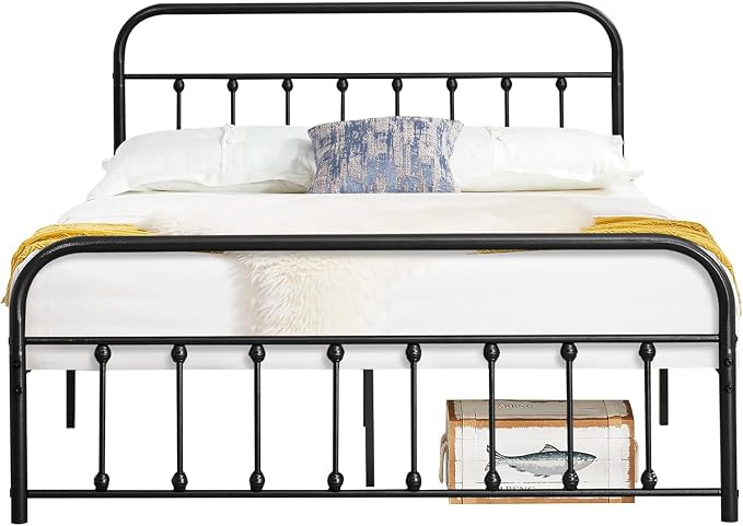 VECELO Black Metal Bed Frame Full Size with Vintage Headboard and Footboard, No Box Spring Needed, Premium Stable Steel Slat Support Mattress Foundation