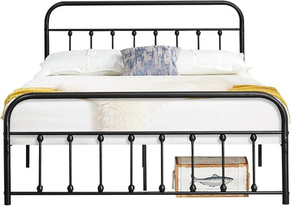 VECELO Black Metal Bed Frame Full Size with Vintage Headboard and Footboard, No Box Spring Needed, Premium Stable Steel Slat Support Mattress Foundation