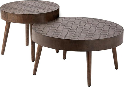 COSIEST Round Coffee Table Set of 2, Nesting Tables with Honeycomb Pattern, Modern End Table for Living Room, Farmhouse, Brown