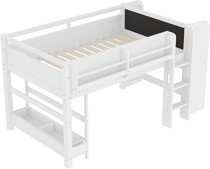Bellemave Twin Size Low loft Bed with Desk and bookcases, Boxes and Drawers for Kids,Wood Modern Farmhouse Kids Loft Bed with Shelf, White