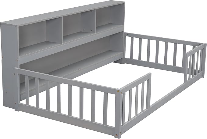 Bellemave Kids Montessori Floor Bed Twin Size,Floor Bed Frame with Bookcase and Shelves for Kids Boys Girls,Twin,Gray