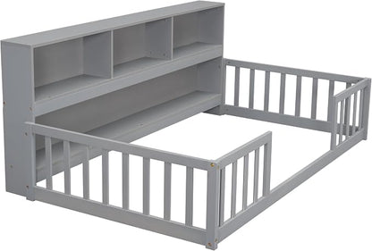Bellemave Kids Montessori Floor Bed Twin Size,Floor Bed Frame with Bookcase and Shelves for Kids Boys Girls,Twin,Gray