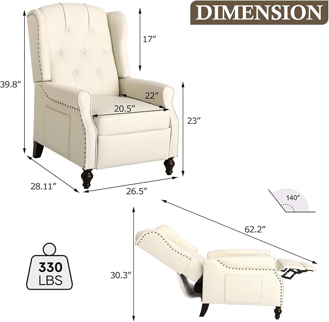 Wingback Recliner Chair with Massage & Heat, Cat-Proof Push Back Arm Chair, Recliner Chair for Living Room Bedroom Home Theater (2, Beige)