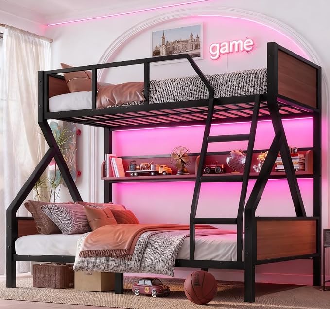 Bellemave Bunk Bed Twin Over Full with LED, Heavy Duty Metal Bunk BedFrame with Storage Shelves and Lights, Black