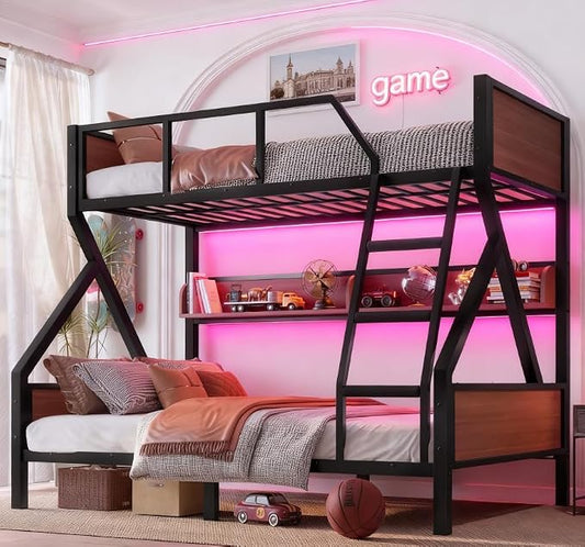 Bellemave Bunk Bed Twin Over Full with LED, Heavy Duty Metal Bunk BedFrame with Storage Shelves and Lights, Black
