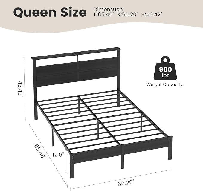 Queen Size Bed Frame with LED Lights, USB Type C Charging Headboard, Black Metal Platform Bed with Storage Shelf, Noise Free Design, No Box Spring Needed