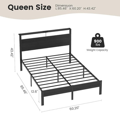 Queen Size Bed Frame with LED Lights, USB Type C Charging Headboard, Black Metal Platform Bed with Storage Shelf, Noise Free Design, No Box Spring Needed