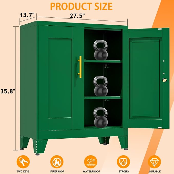 36 Inch Metal Tool Cabinet, 13.8" D x 27.6" W x 35.4" H, Lockable Steel Storage Cabinet with 2 Adjustable Shelves, Heavy-Duty Garage Storage Cabinet for Workshop, Basement, Office, Green