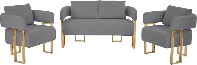 YISHENG Loveseat Sofa and 2 Accent Chairs Comfy Sofa Modern Accent Chairs for Living Room with Golden Legs Teddy Upholstered Reading Armchairs no Wheels for Reception Room//Bedroom/Lounge/Office,Grey