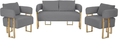 YISHENG Loveseat Sofa and 2 Accent Chairs Comfy Sofa Modern Accent Chairs for Living Room with Golden Legs Teddy Upholstered Reading Armchairs no Wheels for Reception Room//Bedroom/Lounge/Office,Grey