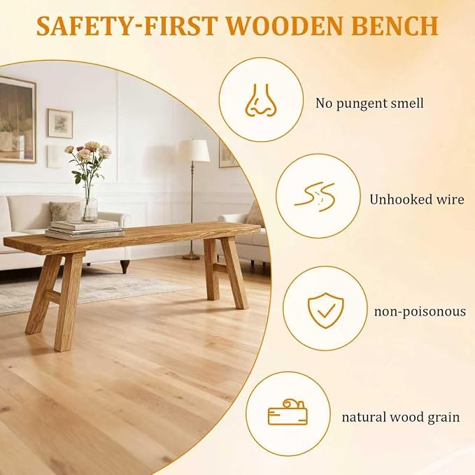 Solid Wood Entryway Bench - 39.3" Rustic Farmhouse Dining Bench for Hallway, Bedroom, Kitchen - Natural Elm Wood Finish